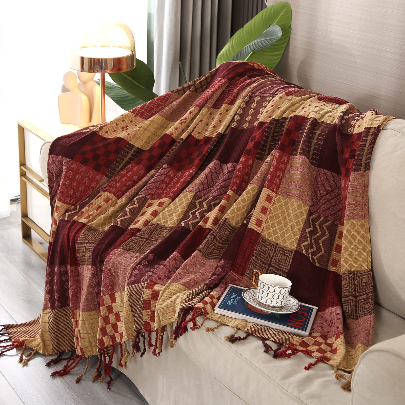 DECMAY Boho Throw Blanket,Patchwork Large Blankets for Sofa Double Bed  Armchair Couch,Weighted Soft Furniture Throws,Tassels Chenille Throws