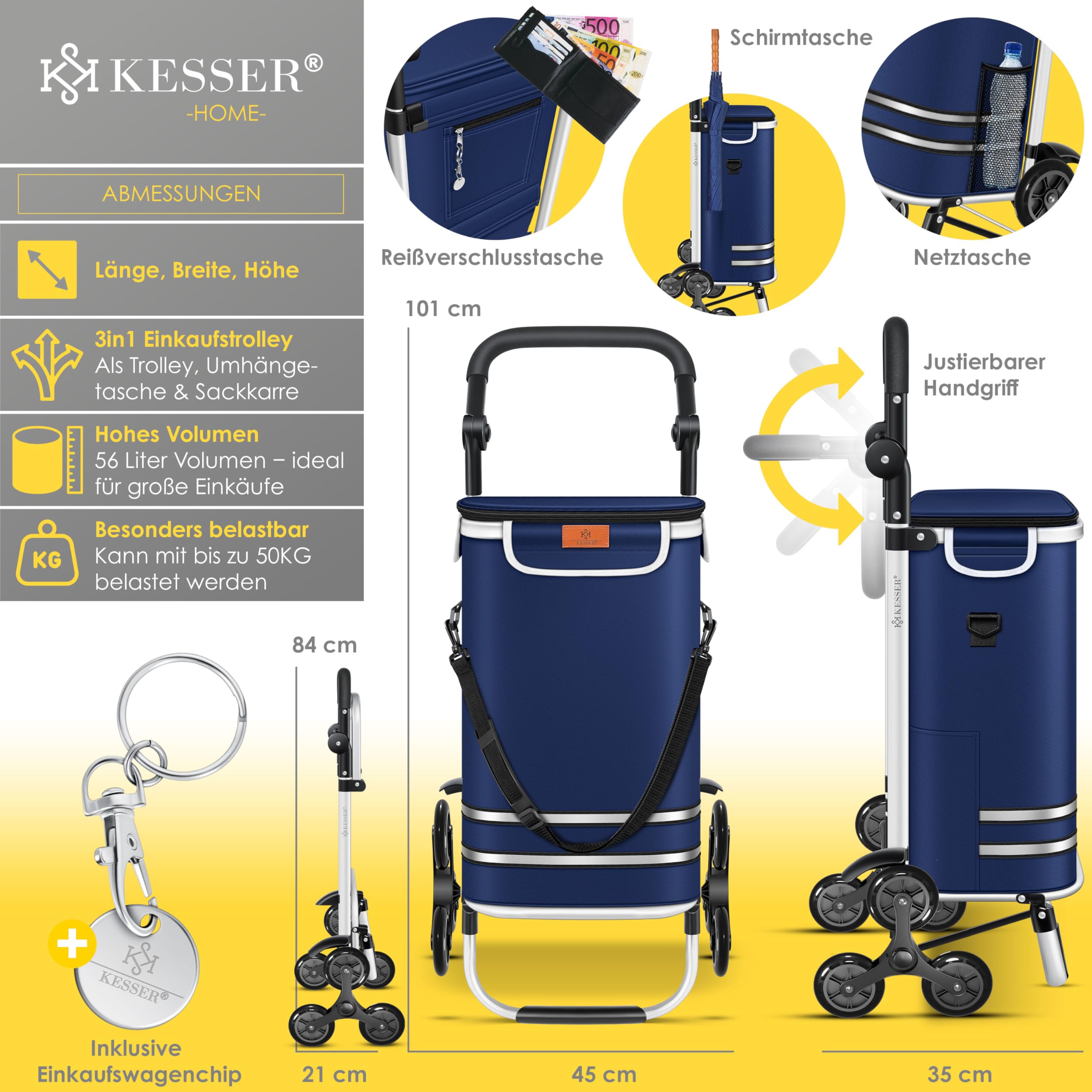 KESSER® Carrello spesa - Montascale con scomparto refrigerante, con Capacità di 56L, Caricabile fino a 50kg, Trolley e borsa a Tracolla 3in1, incl. Chip per la spesa, Pieghevole, Blu marino