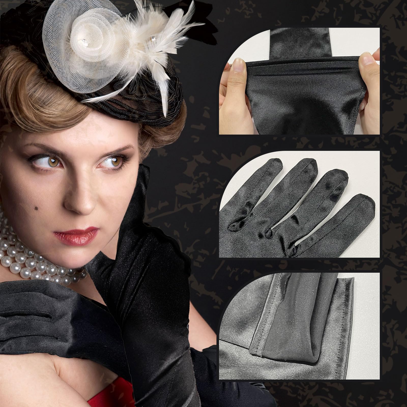 UILYNIU 2 Paires Gant de Longs Soirée Femme, Années 1920 Gants Long Satin Élégants, Accessoire de Années 80 Noir Longs Gants De Danse Gants D'opéra Déguisements Gants pour Femme Halloween Noël
