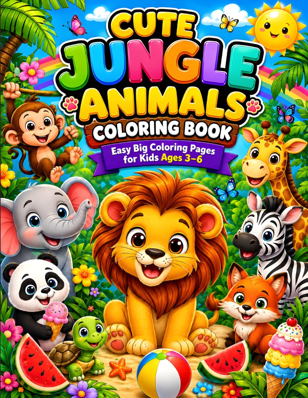 Cute Jungle Animals Coloring Book for Kids Ages 3-6: Easy Big Coloring Pages with Thick Bold Outlines for Toddlers, Preschoolers & Kindergarten Kids