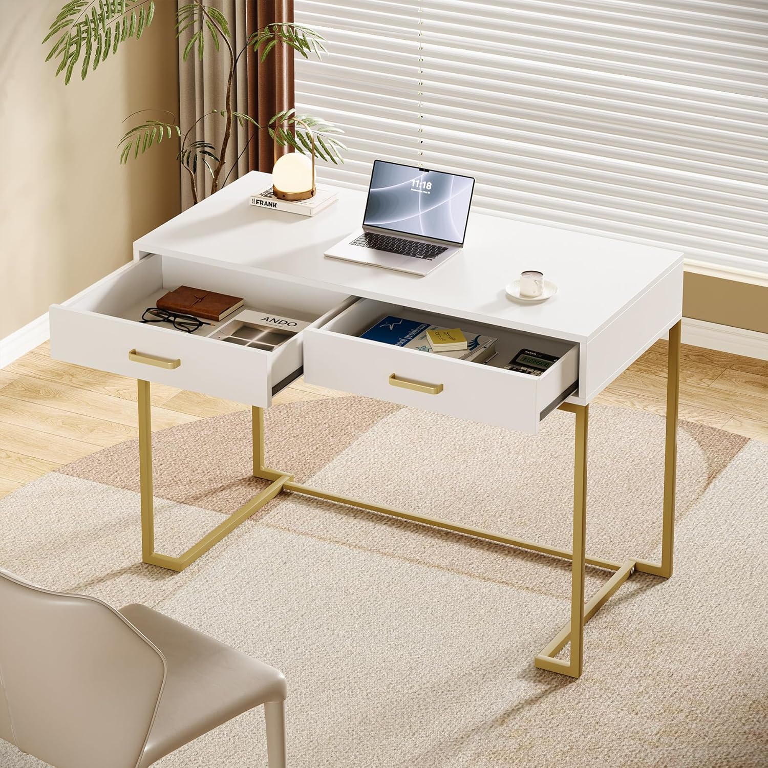 Tribesigns White and Gold Modern Computer Desk with 2 Drawers for Home Office, Bedroom, Small Space (White and Gold)