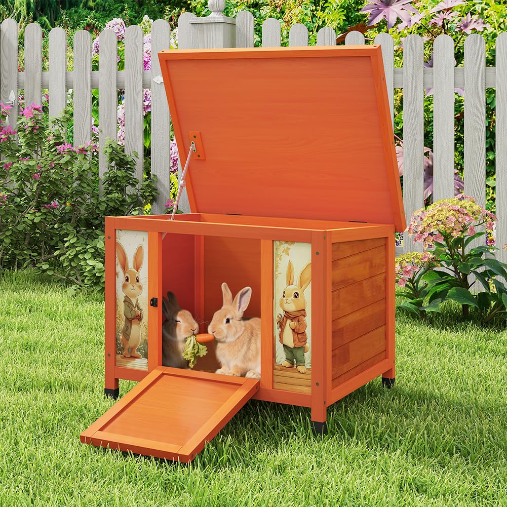 COZIWOW 24 Inch Rabbit Hutch Outdoor, Weatherproof Cat House, Bunny Cage Indoor with Non-Slip Ramp, Portable Wooden Shelter for Rabbits, Feral Cats, Chicken, Duck & Other Small Animals (Orange)​ - image 7