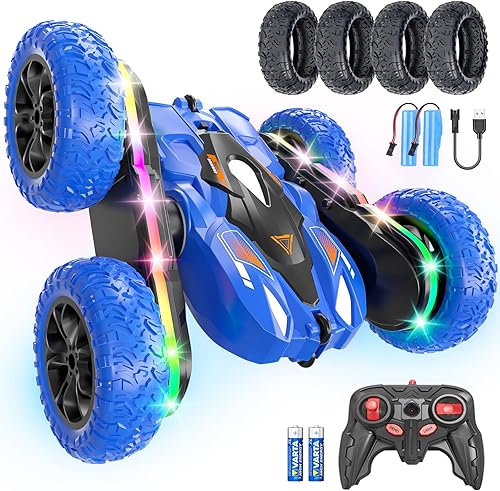 Auto a control remoto para niños, 2.4GHz 4WD Stunt RC Car con doble cara 360 Flips, luz LED recargable todoterreno juguete auto para niños y niñas
