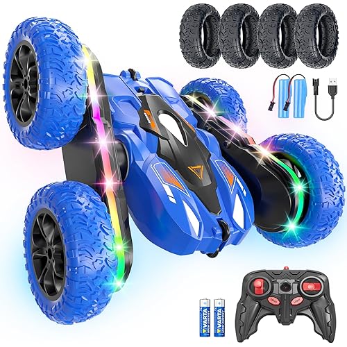 Remote Control Car for Kids, 2.4GHz 4WD Stunt RC Car with Double-Sided 360° Flips, Rechargeable LED Light Off-Road Toy Car for Boys Girls Ages 6-12