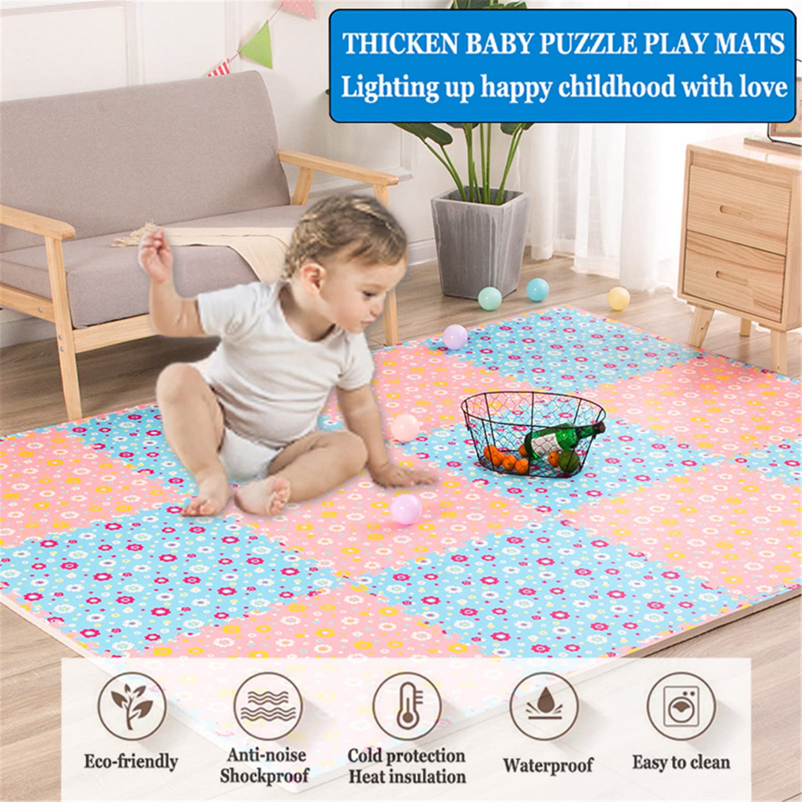 Puzzlespielmatten für Kinder 60x60x1,9cm schadstofffrei Krabbelmatte für Babys Quadrate Teppich ineinandergreifende Schaum Bodenpuzzles,Little Flower Baby spielmatte,Blue+red,6pcs