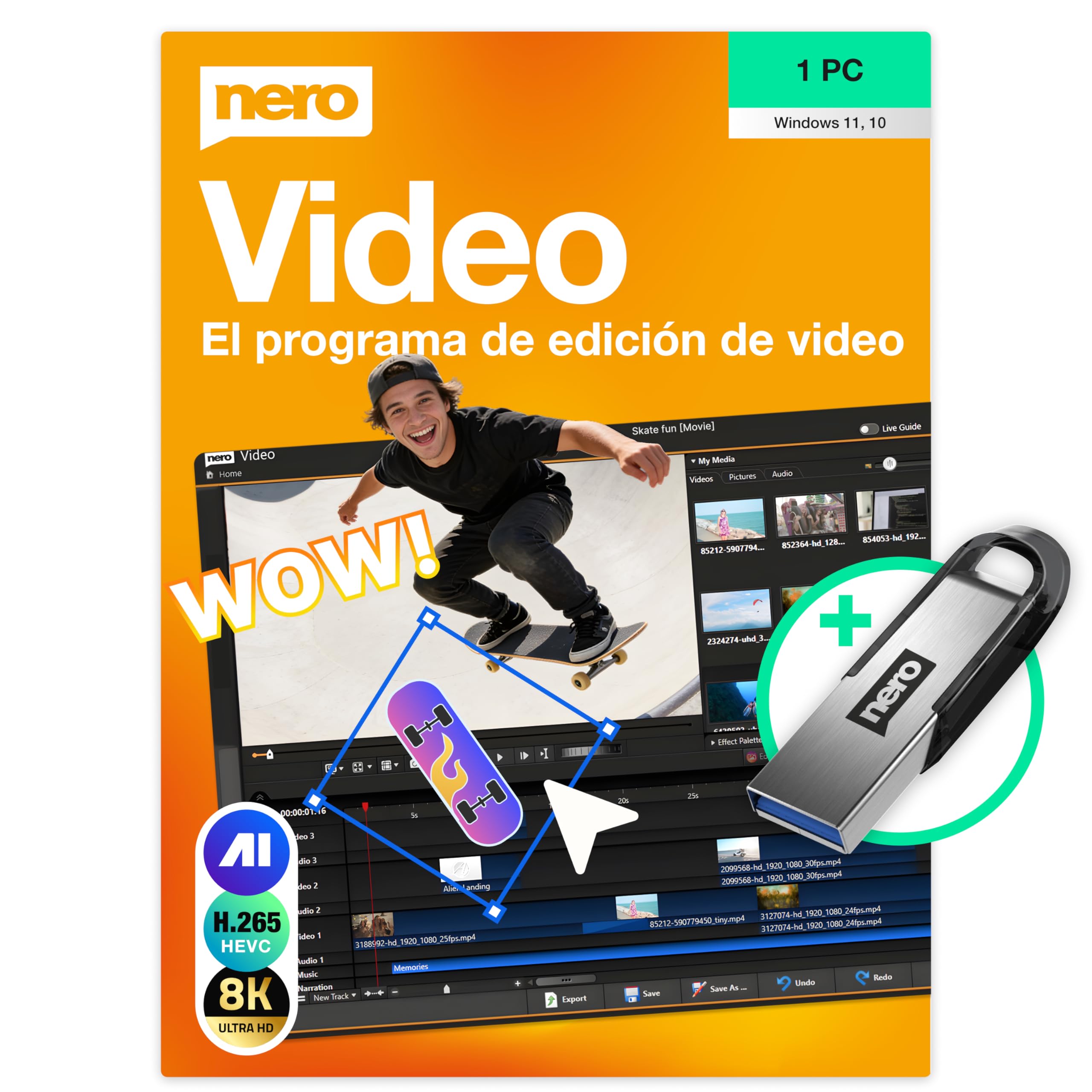 Nero Video 2025 en memoria USB | Edición de vídeo | Programa de edición de vídeo | 8K | 1PC | licencia ilimitada | Windows 11 / 10 / 8 / 7