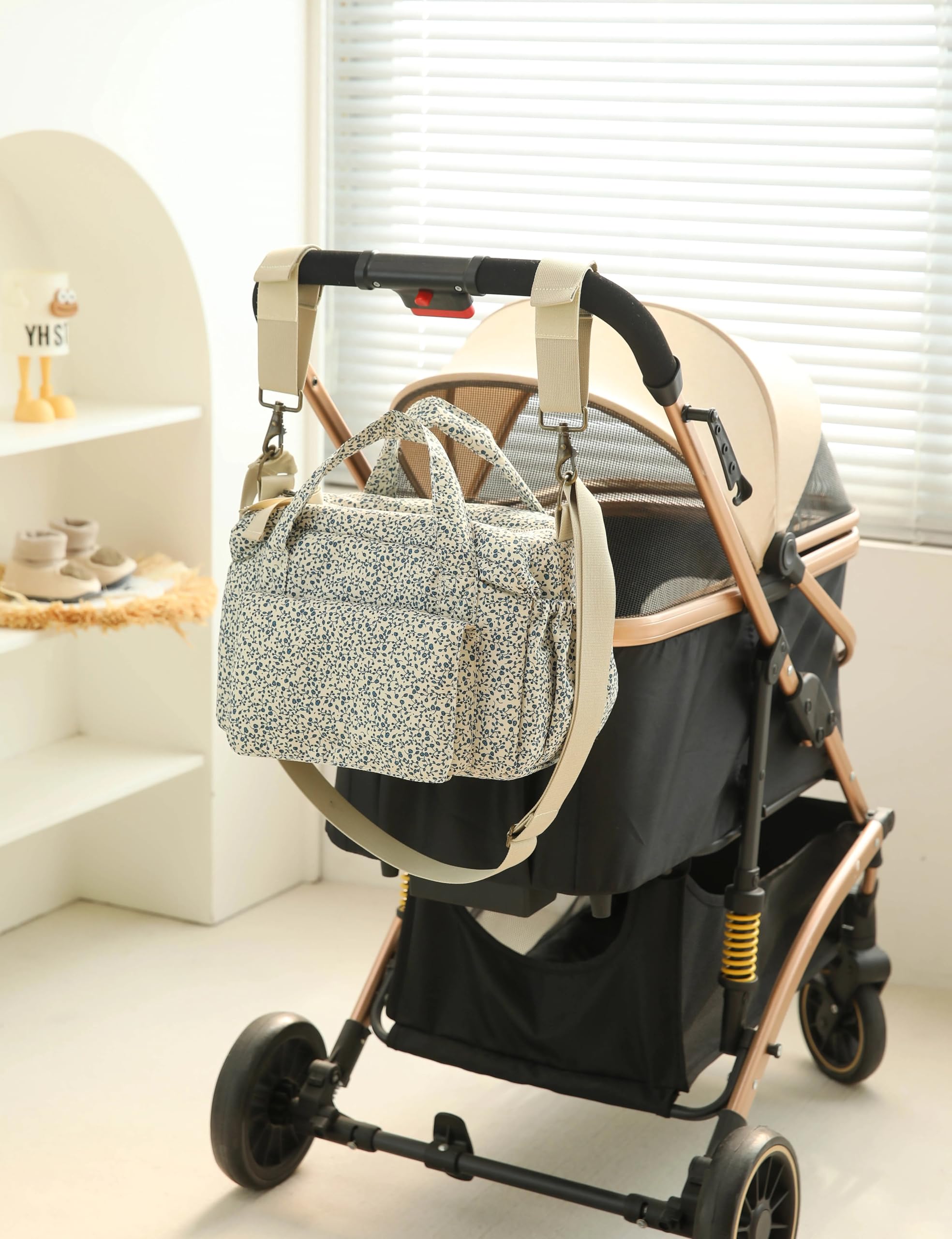 GSenhui Quilted Baby Changing Bag Tote Floral Nappy Diaper Bag Cute Mommy Bag Crossbody Wickeltasche (Blue-2) - Image 2
