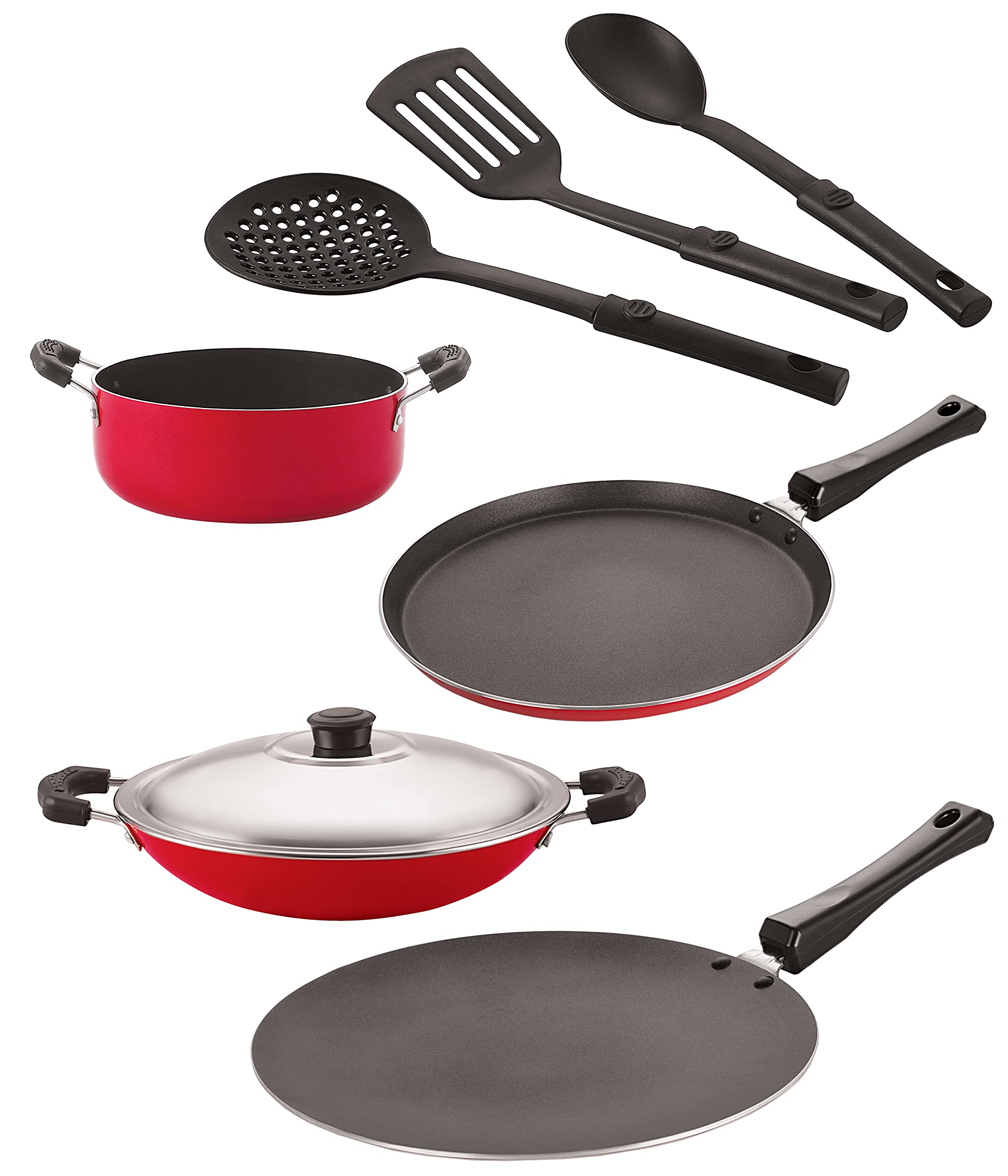 Nirlon Nonstick Coated Aluminium 7 Pcs Set of Concave Tawa-28.5cm,AppaChatti-22.5cm,Casserole-20cm,Flat Tawa-27cm & 3 Spoon (2.6mm_CT12_AC_Cass20_FT12_3SPN)
