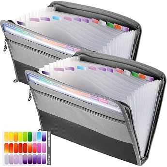 Pack of 2 Expanding Folders A4 Document Folder 13 Compartments File Folder Sorting Folder with Zip Canvas Case Lever Arch Folder and Strong Plastic File Folder for Office School Documents