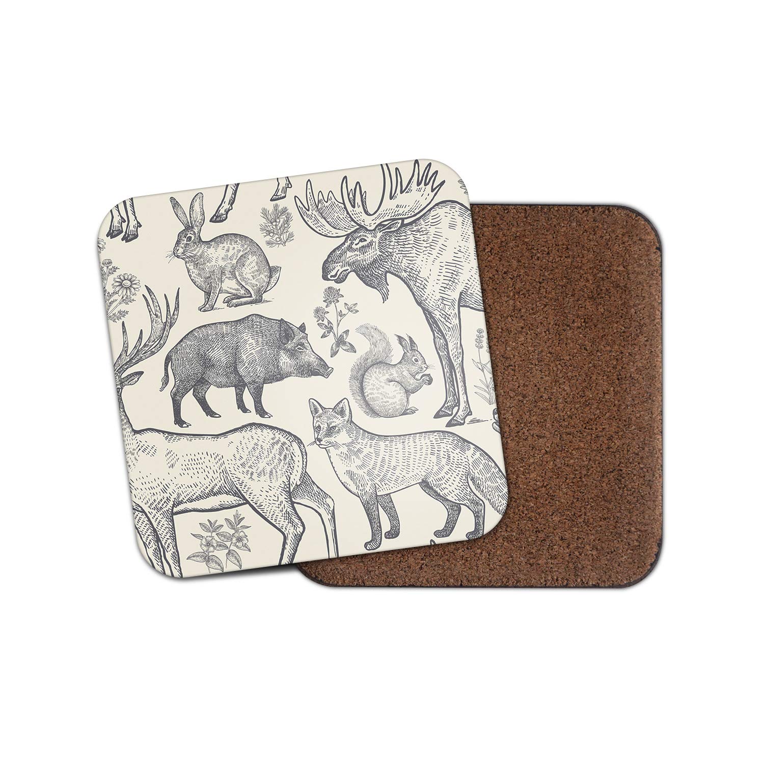 Destination Vinyl Ltd Multicolor 1 X Rustic Wild Animal Coaster - Moose Fox Boar Woodland Woods Drawing #12536