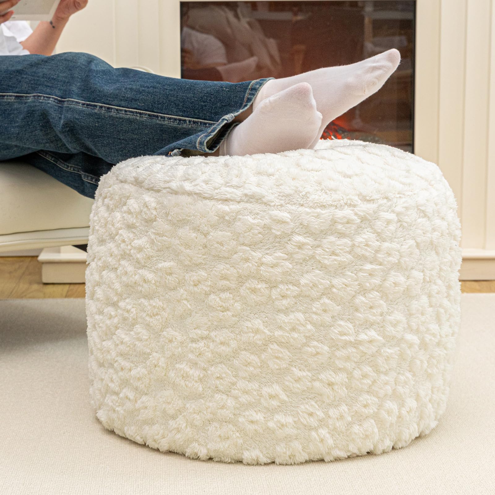 Ottoman Foot Rest Stuffed Round Boho Floor Poof Seating Armchair Ottoman Foot Stool Floor Cushion Bean Bag Pouf 18x18x14 Inch Cream WhiteOEKO-TEX STANDARD 100