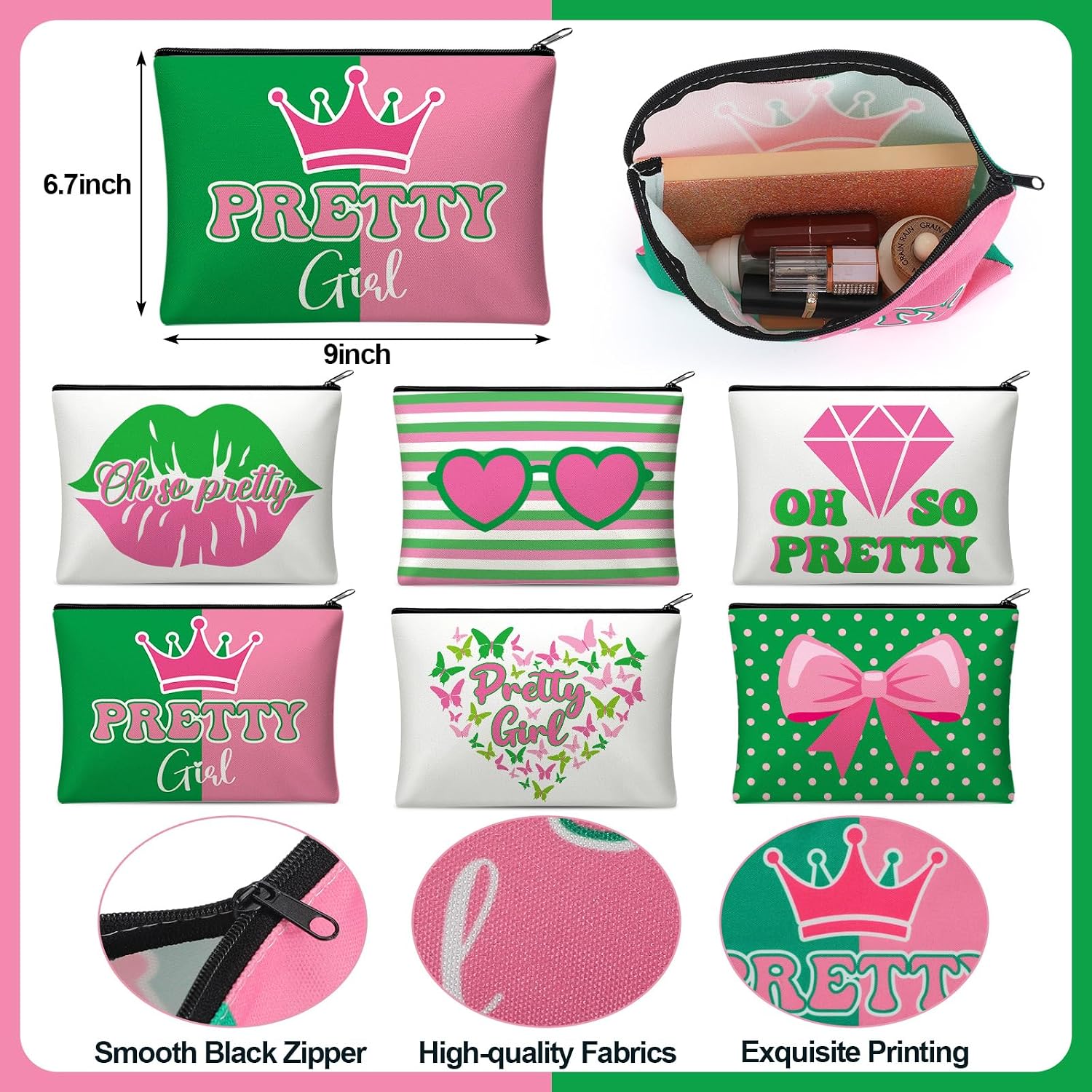Reginary 12 Pcs Pink and Green Sister Makeup Bags Greek Sorority Cosmetic Bags Pretty Girl Zipper Pouches Black Sorority Gifts for Women Birthday