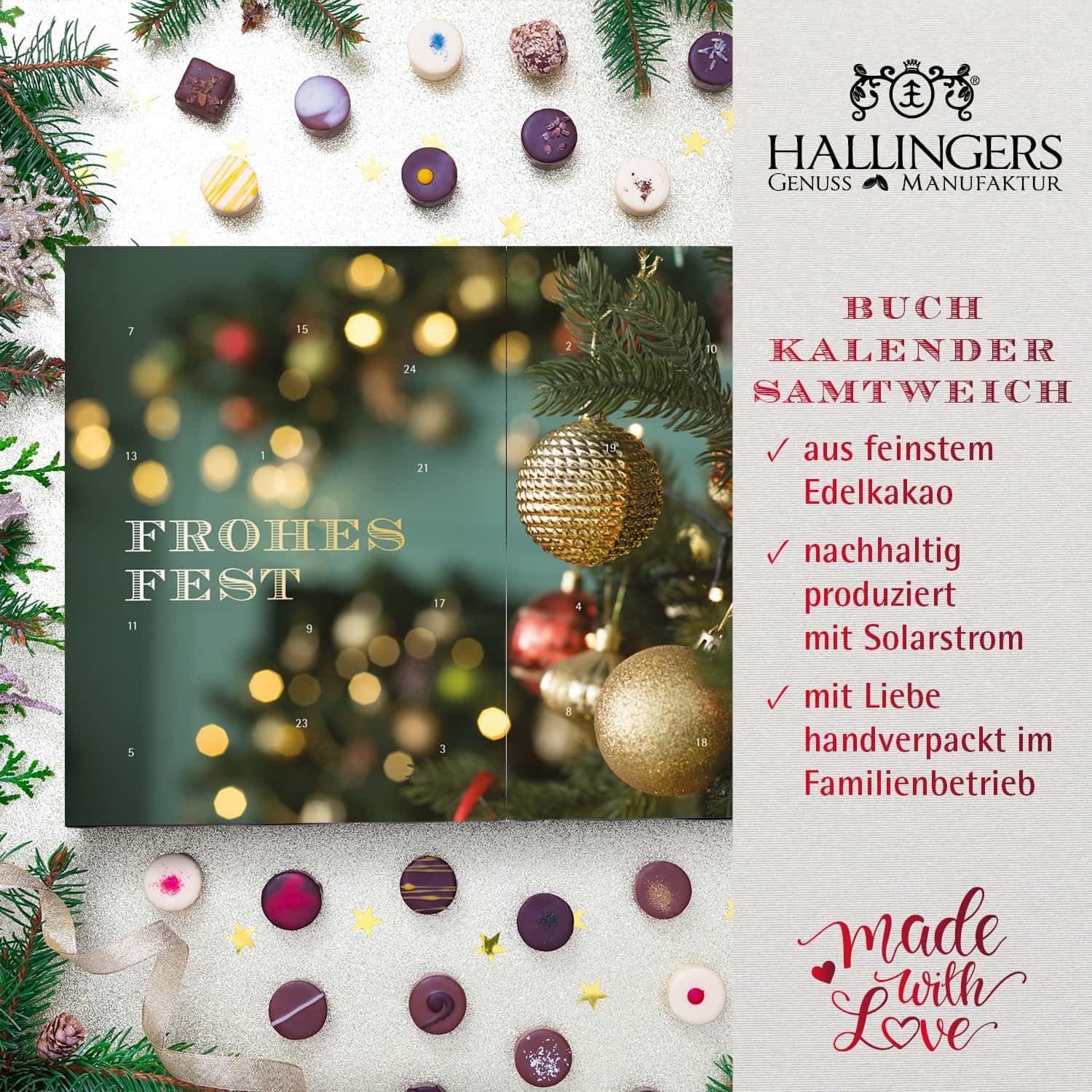 Hallingers Genuss Manufaktur Vegane Pralinen Adventskalender - mit & ohne Alkohol, handmade aus Confiserie-Edelkakao in wertigem Softfeel-Karton "Weihnachtsstimmung", Weihnachtskalender für Frauen