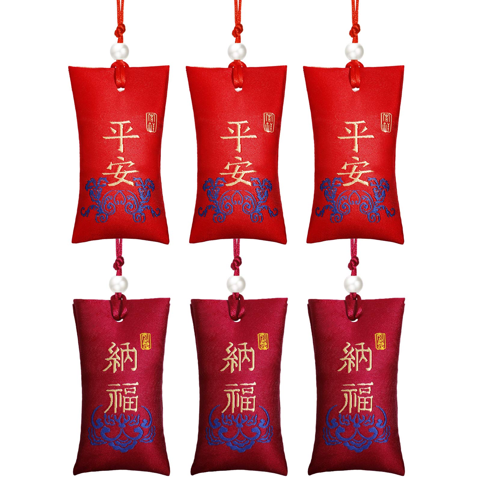 6 Pieces Chinese Traditional Embroidery Blessings Sachets Amulet Pendants (Empty Bags) for Lunar New Year 2021 Ox Year Car Home Office Lucky Decoration (Red)