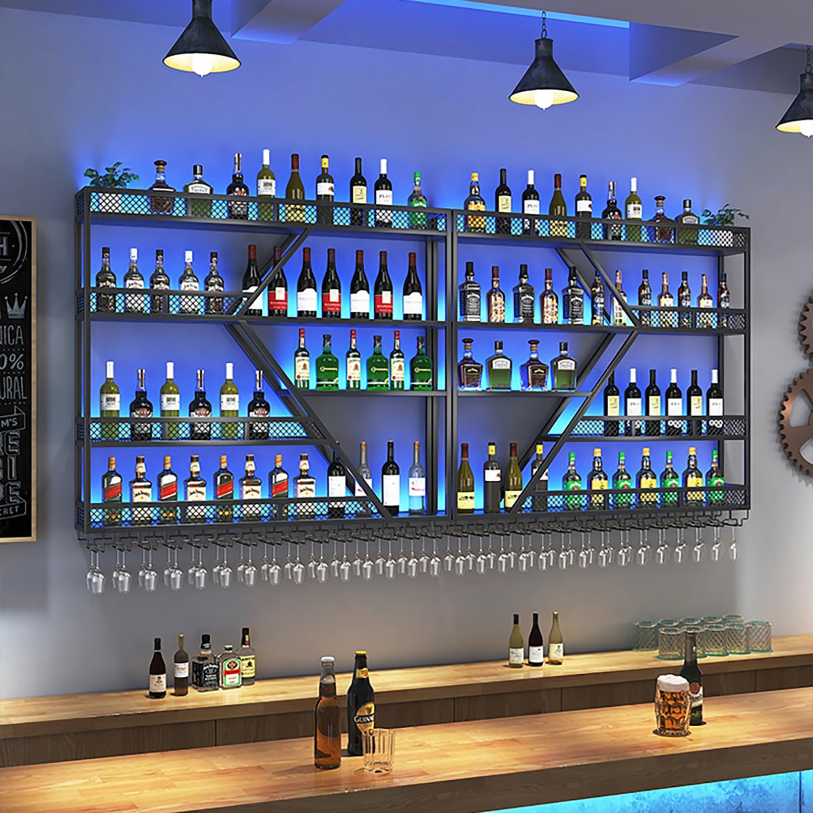 Estante de vino montado en la pared con luz LED, soporte de exhibición de hierro para almacenamiento de botellas y copas - Estantería flotante para barra