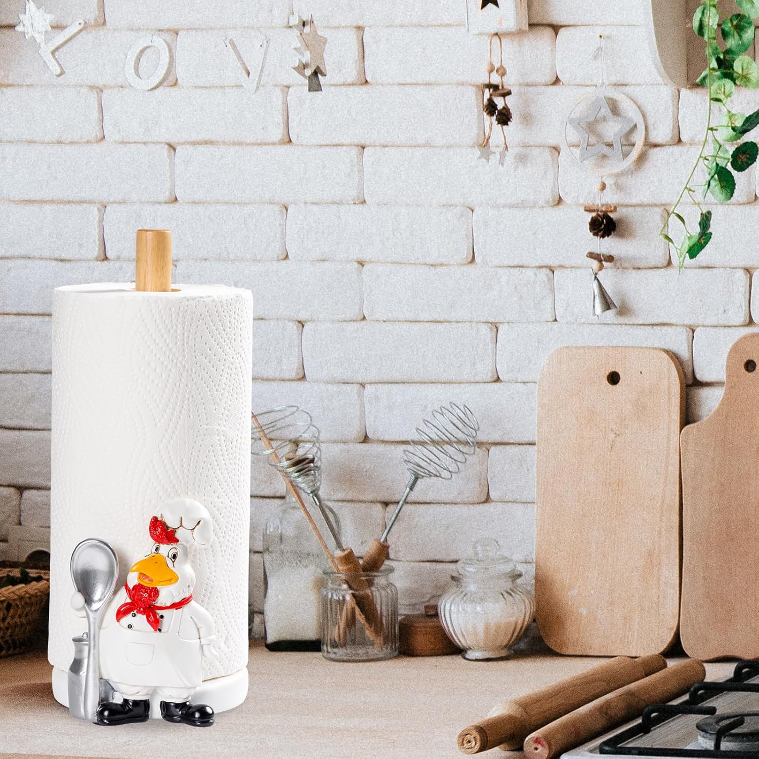 Farmhouse Rooster Chef Countertop Paper Towel Holder Stand with Decoration,Hand-Carved Wood Style for Kitchen Bathroom,Weighted Base for One-Handed Operation,Vintage White