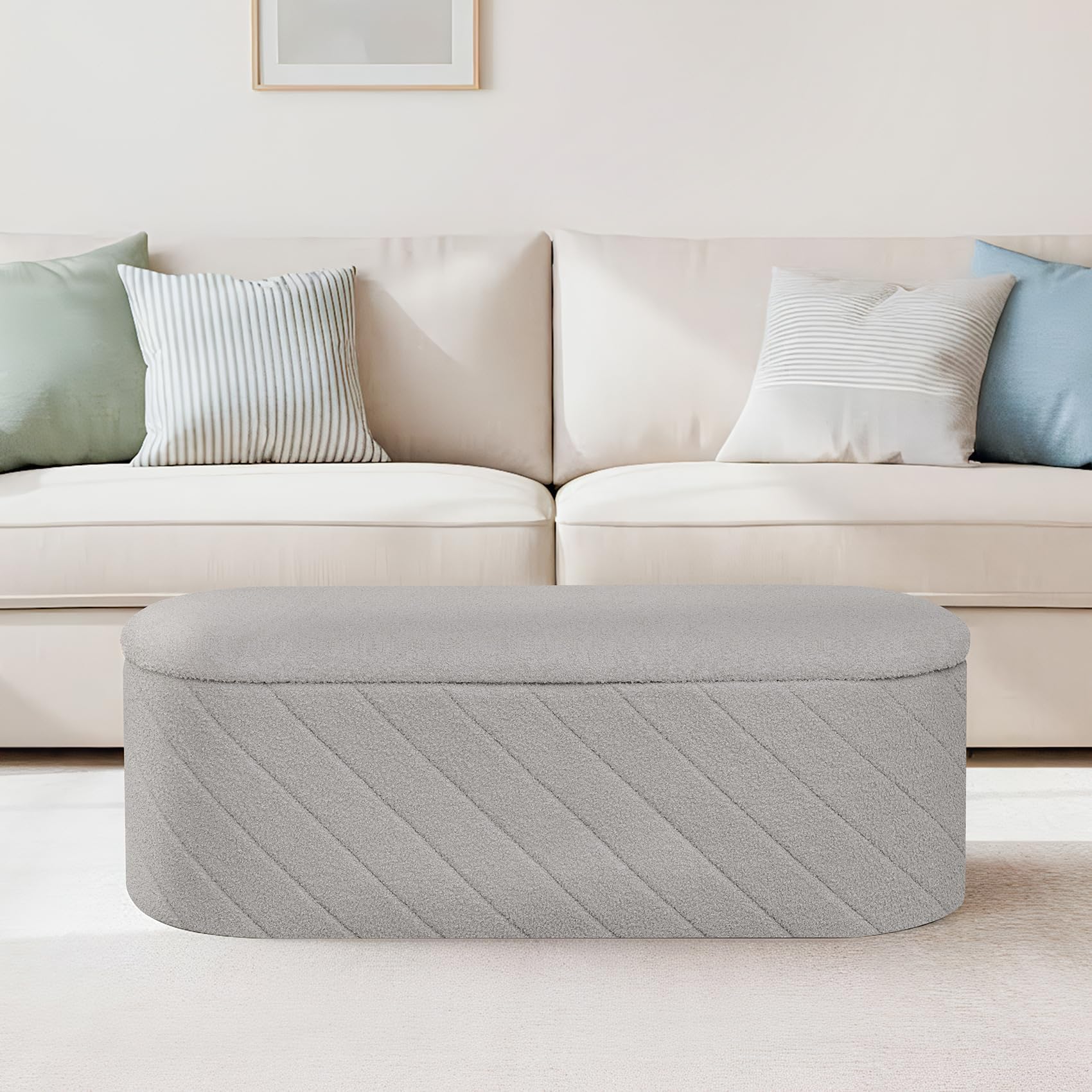 Bonlife Ovale Ottomanbank mit Stauraum, Klappbare Fußbank mit Deckel, Boucle Bank für Fußende des Bettes, Hocker für Wohnzimmer, Schlafzimmer, Eingangsbereich, Grau, 110x38x38cm