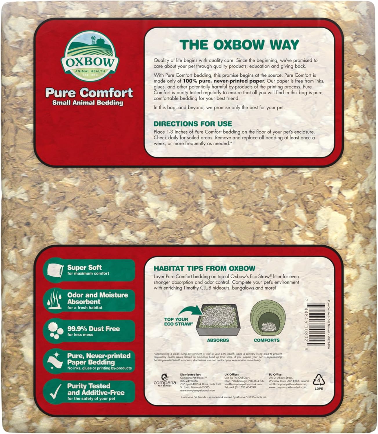 Oxbow Pure Comfort Bedding, Rabbit, Hamster, & Guinea Pig Bedding, Bunny Supplies for Litter Box, Pet Safe, Low Dust, Oxbow Blend, 72 Liter Bag