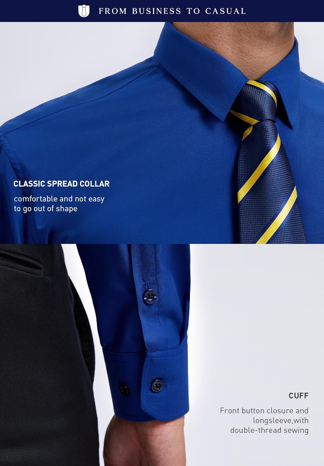 HISDERN Mens Dress Shirt with Tie Pocket Square Set Classic Button Down Shirt Matching Tie Long Sleeve Shirts