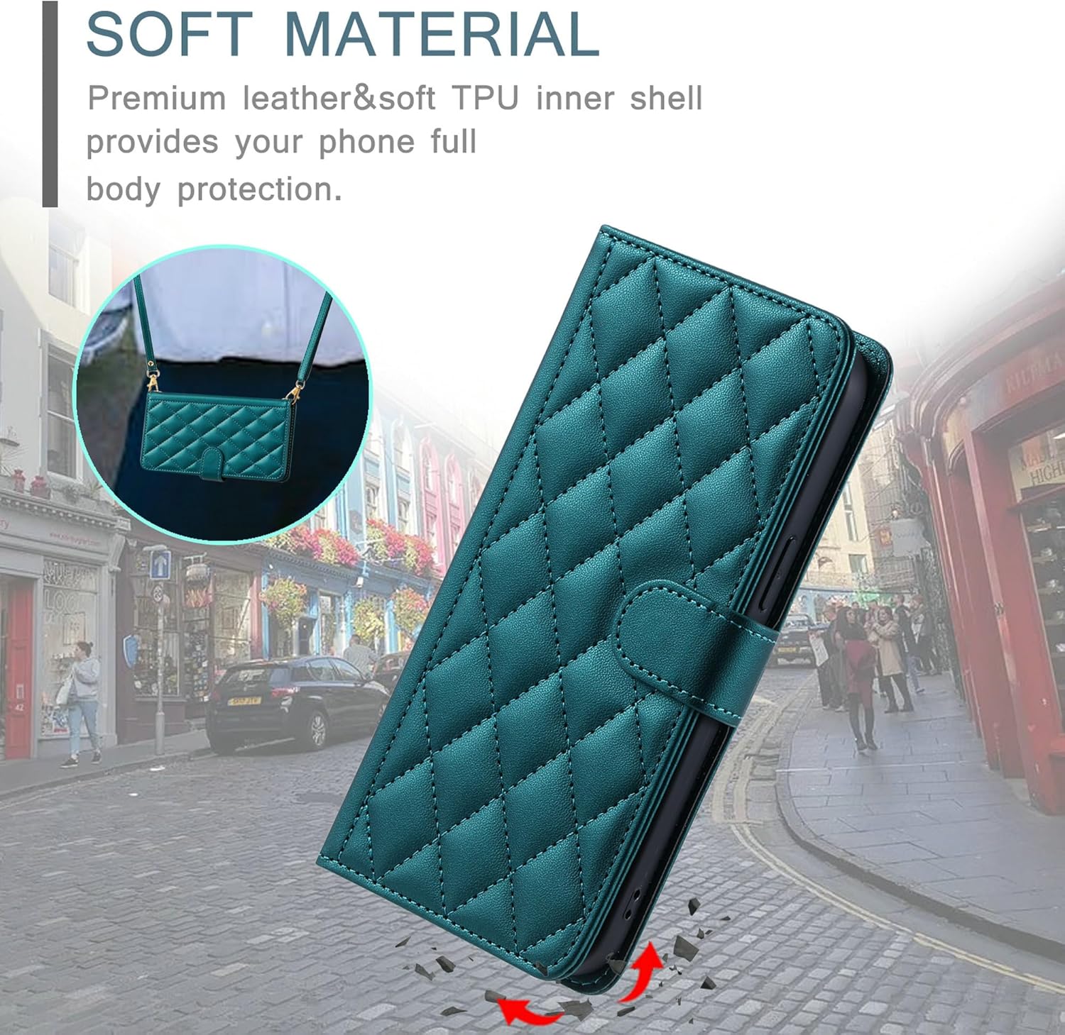 Lucyliy flip case protecting a phone from impact, highlighting soft material and full body protection.