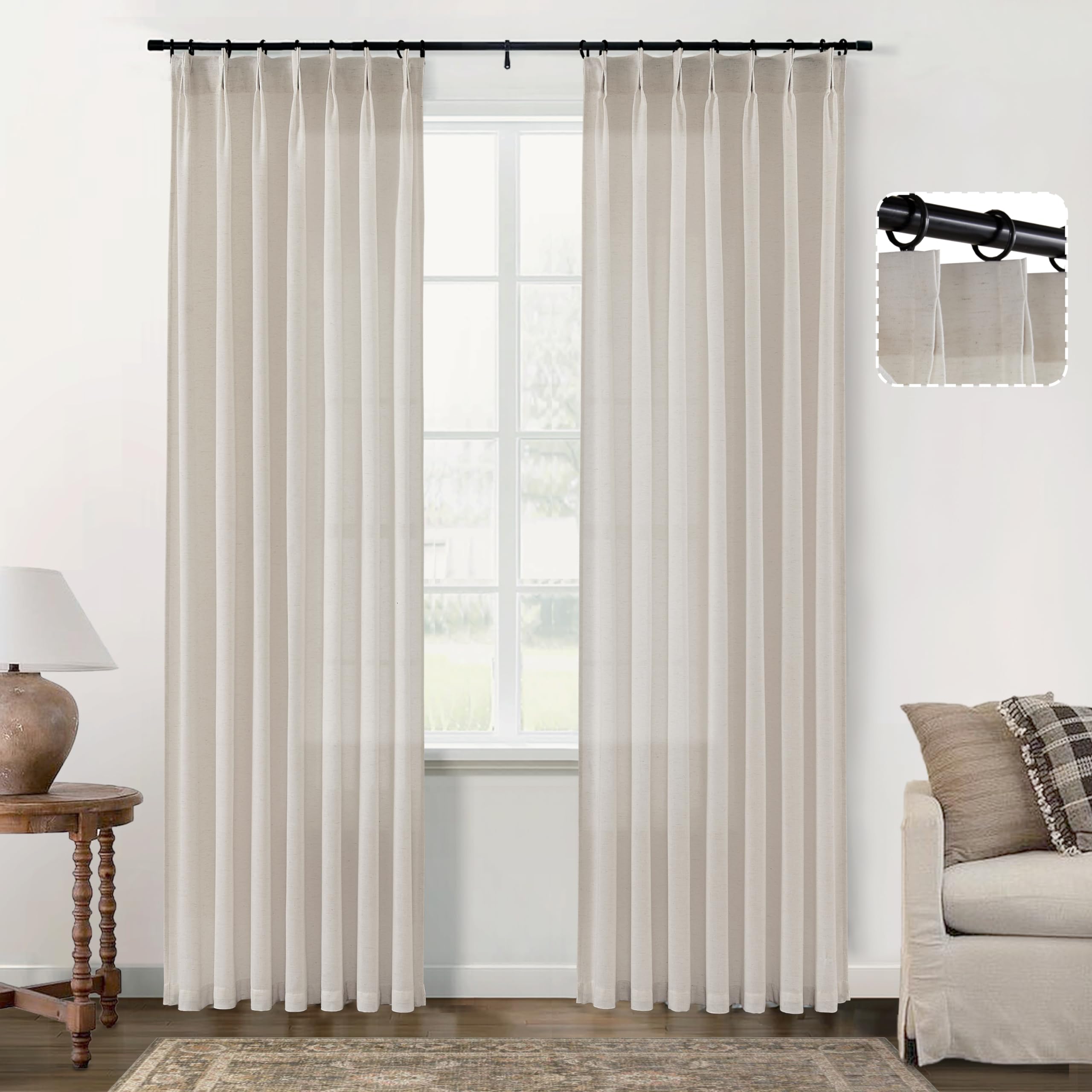 SHINELAND Farmhouse Curtains for Living Room,Pinch Pleated Hooks Sheer Faux Linen Cotton Drop Cloth Curtains for 90 Inches Long,Grey Beige