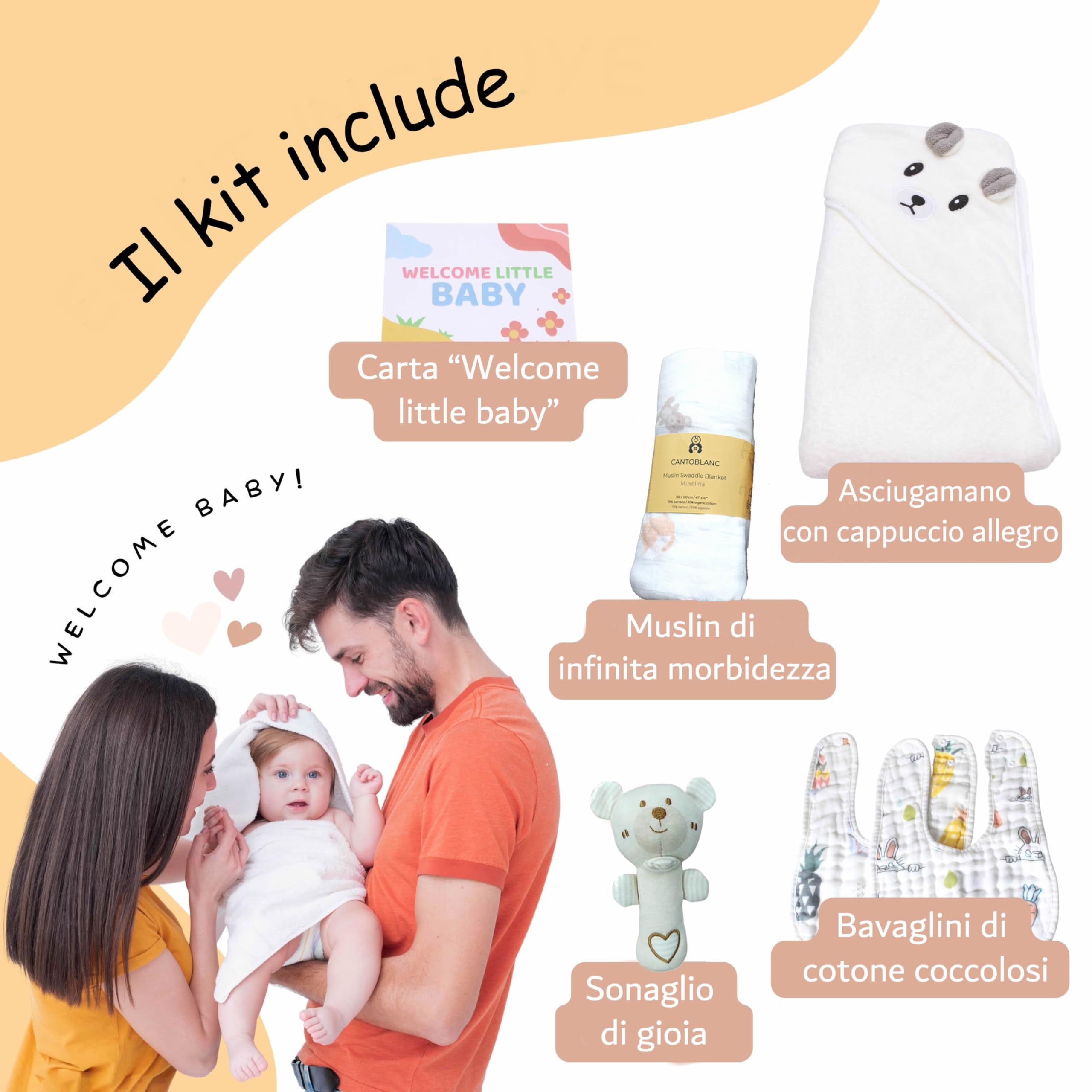 Set Regalo Neonato | Corredino Nascita Unisex | Copertina Mussola Bambù 120x120 cm, Asciugamano Cappuccio, 2 Bavaglini, Sonaglino e Biglietto | Baby Shower Maschio Femmina