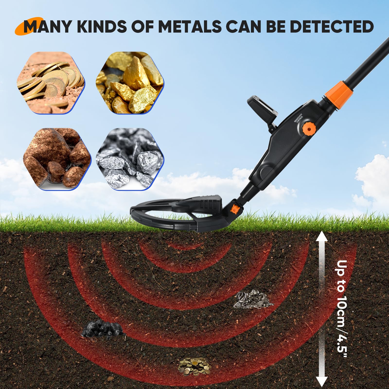 Metalldetektor Kinder, Leichtgewicht Metallsuchgeräte mit LCD und TON-Anzeige, Hochempfindlicher Metallsuchgerät mit wasserdichter Suchspule für Kinder oder Anfänger