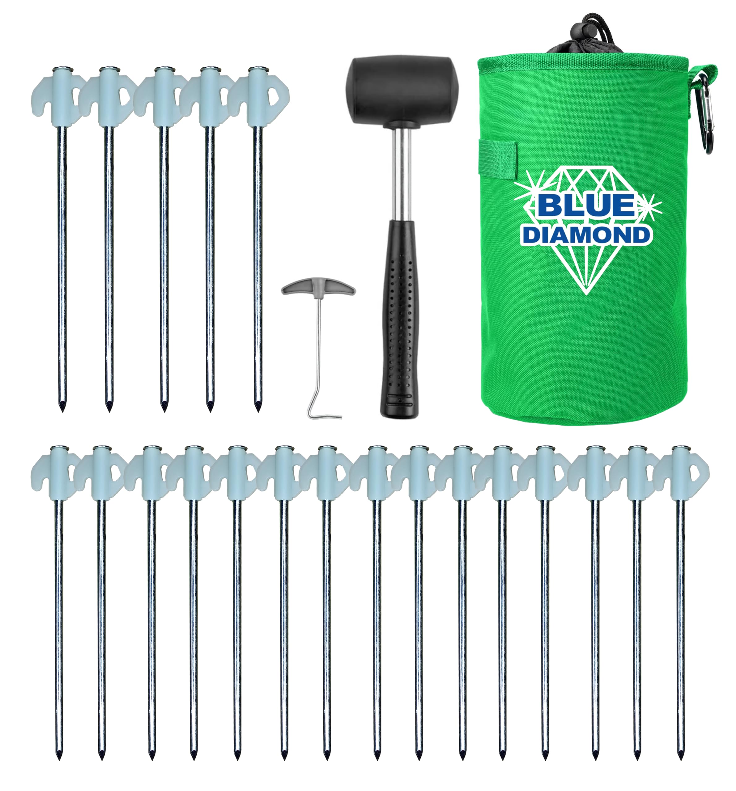 Blue Diamond Glow Tent Pegs - Pack of 20 | Heavy Duty Hard Ground Tent Pegs, Camping Pegs | Rustproof Galvanized Steel | Glow in the Dark | (Deluxe Kit (Mallet, Peg Puller, Carry Bag))