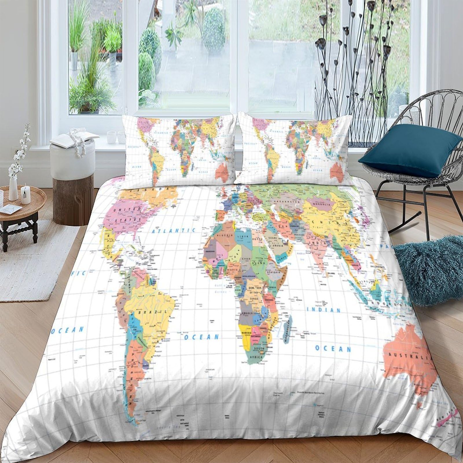P5V6M1Q9 3D Printed World Map Duvet Cover Microfiber Soft Breathable Colorful Continent Bedding Set with 2 Pillowcases for Bedroom Decor Single（135x200cm）