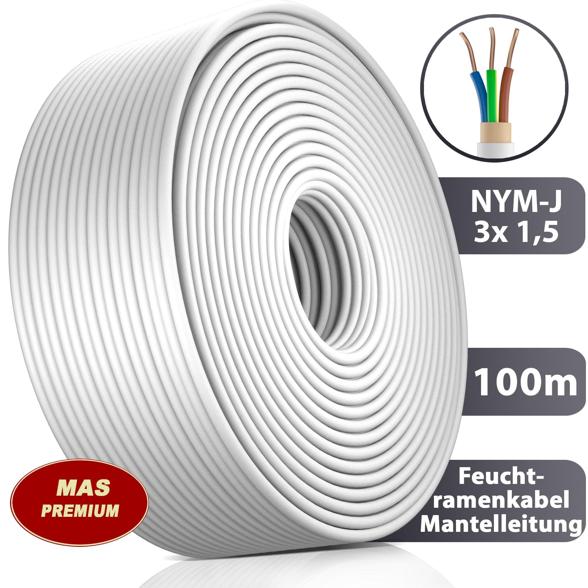 MAS Premium Kabel zasilający do wilgotnych pomieszczeń 5-200 m przewód płaszczowy NYM-J 3 x 1, 5 2,5 4 6 10 lub 5 x 1,5 2,5 4 6 10 16 kabel elektryczny do stałego montażu (NYM-J 3 x 1, 5 mm², 100 m)