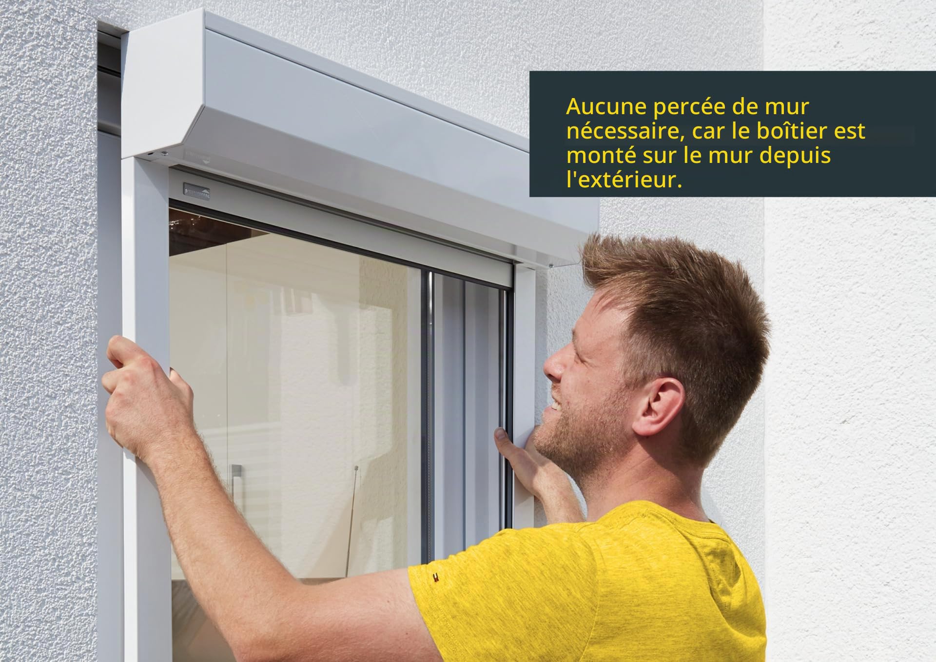 Schellenberg 39071 Ensemble de volets roulants avant pour fenêtre, système de volets roulants Mini, 105 x 210 cm, blanc/gris, volet roulant extérieur 45° en boîte en aluminium, y compris les rails de