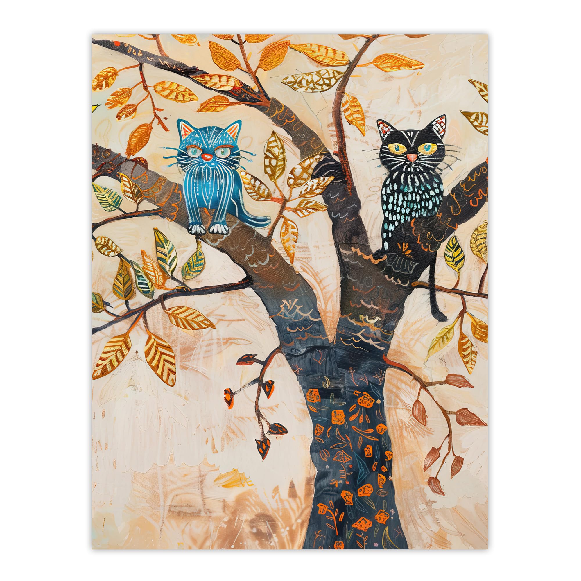 Artery8 Two Kittens on an Autumn Tree Folk Art Cat Lover Living Room Large Wall Art Poster Print Thick Paper 18X24 Inch