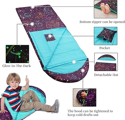 Miniatura 2 de AceCamp Saco de dormir para niños, saco de dormir que brilla en la oscuridad para niños y jóvenes, saco de dormir portátil resistente al agua para