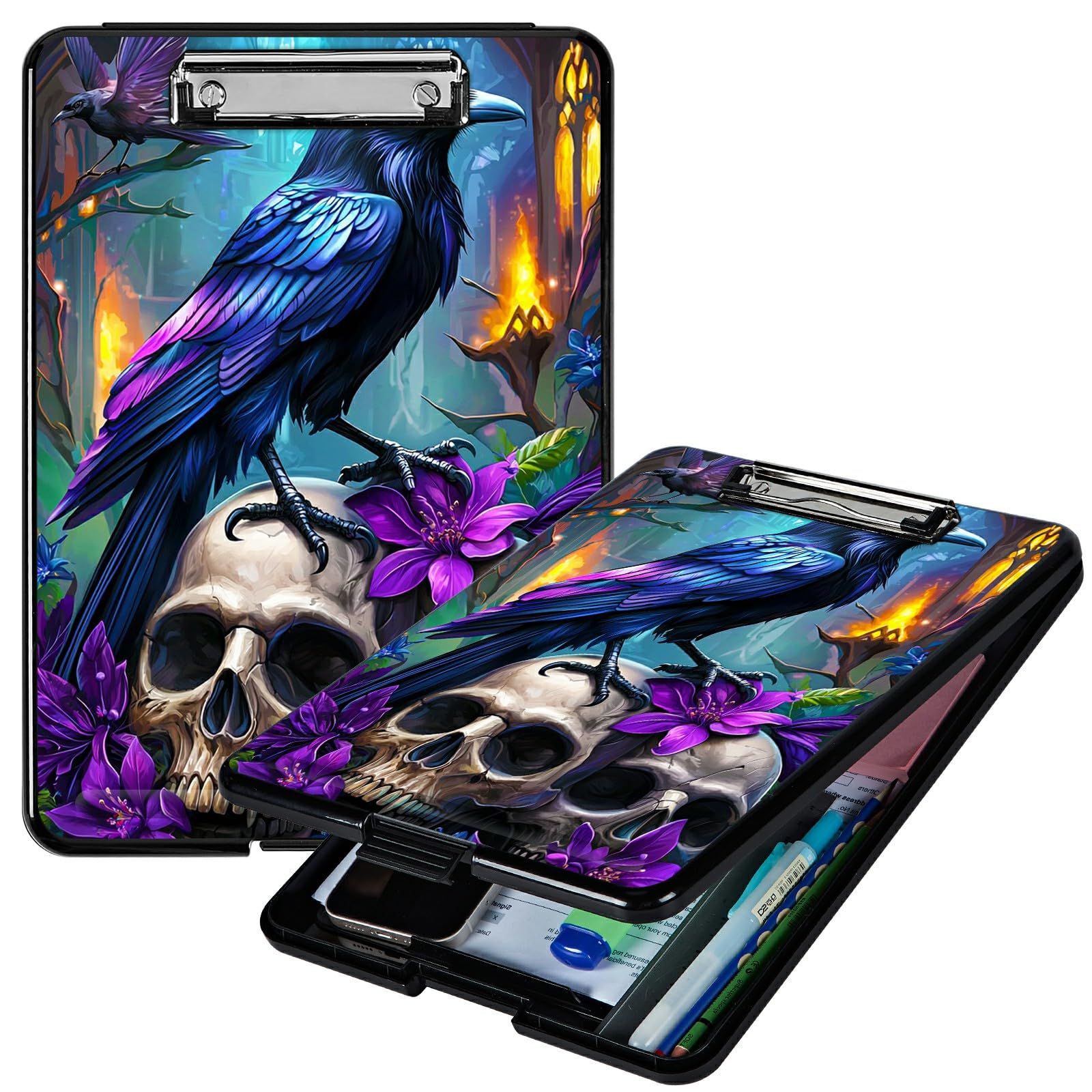 RWUTYTIUL Purple Flower Eagle A4 Clipboard with Storage Pen Holder, Clipboards Organizer Nursing Clipboard Foldable File Folder Plastic Clipboard Folio Clip Board for Office Students Classroom Doctor