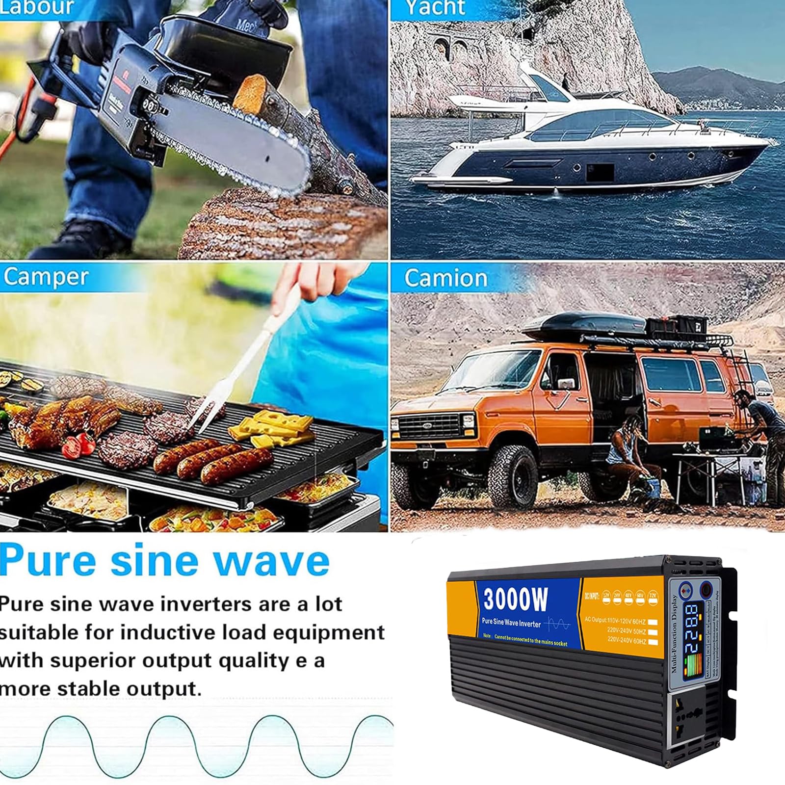 3000 Watt Reiner Sinus-Wechselrichter 12 V-72 V DC auf 110 V/120 V AC 50 Hz-60 Hz Konverter Auto-Wechselrichter mit 1 AC-Steckdose für Fahrzeug, Wohnmobil, LKW, Campingausflug,12V to 110V