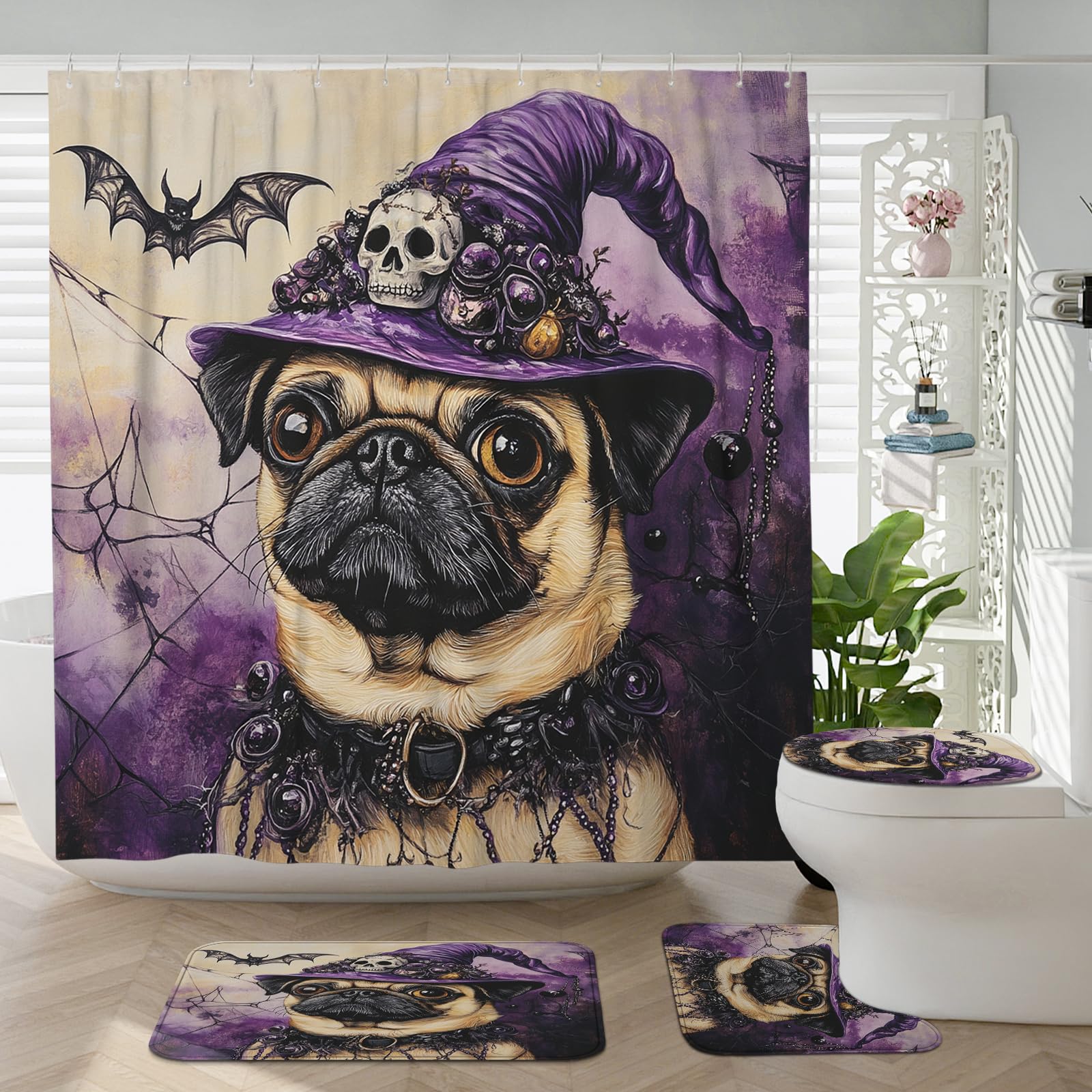 Rideau de douche Halloween chien carlin sorcière avec tapis de bain et contour WC