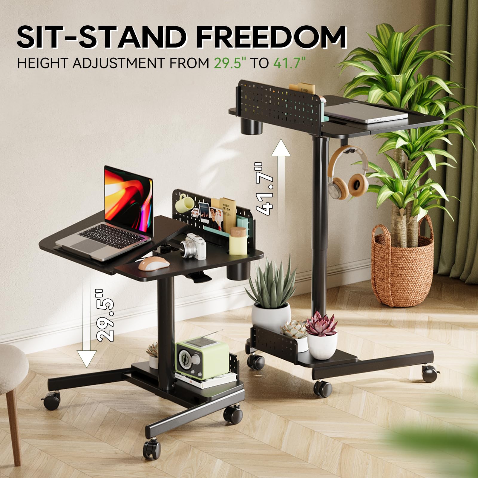 JOY Worker Mobile Standing Desk With Tilt Top - 28" To 41.7" Height Adjustable, Locking Wheels, Pegboard & Storage, Oak Finish