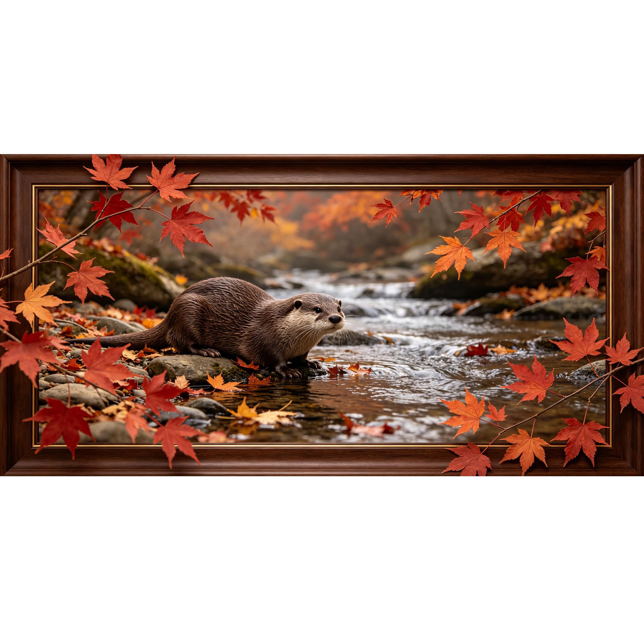 Agglomerix 3D Framed Wall Art Autumn River Otter Landscape Forest Stream Maple Leaves Large Size Self-Adhesive Removable Wall Decor Prints Artwork for Living Room Bedroom Office