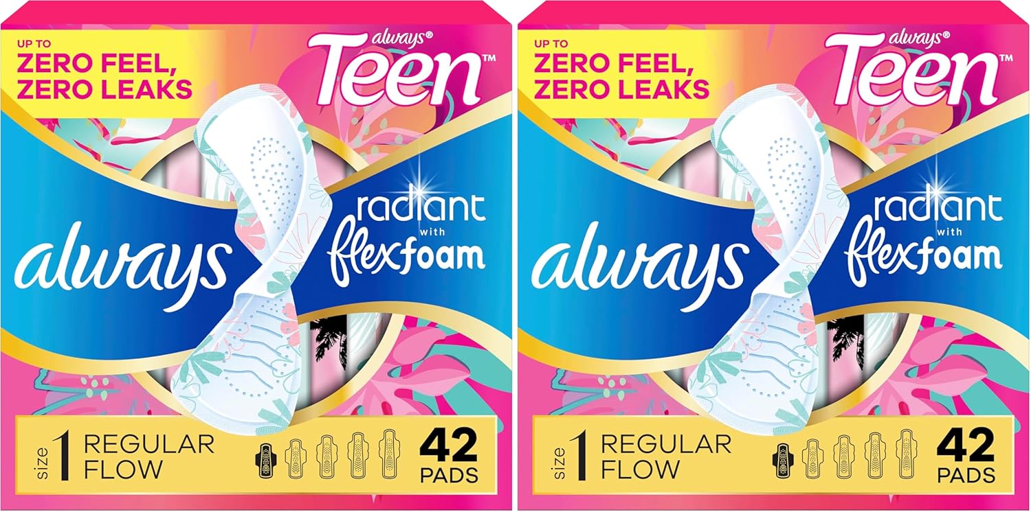 Always Radiant Teen Pads, Size 1, Regular, with Wings, Unscented, 42 Count (Pack of 2)
