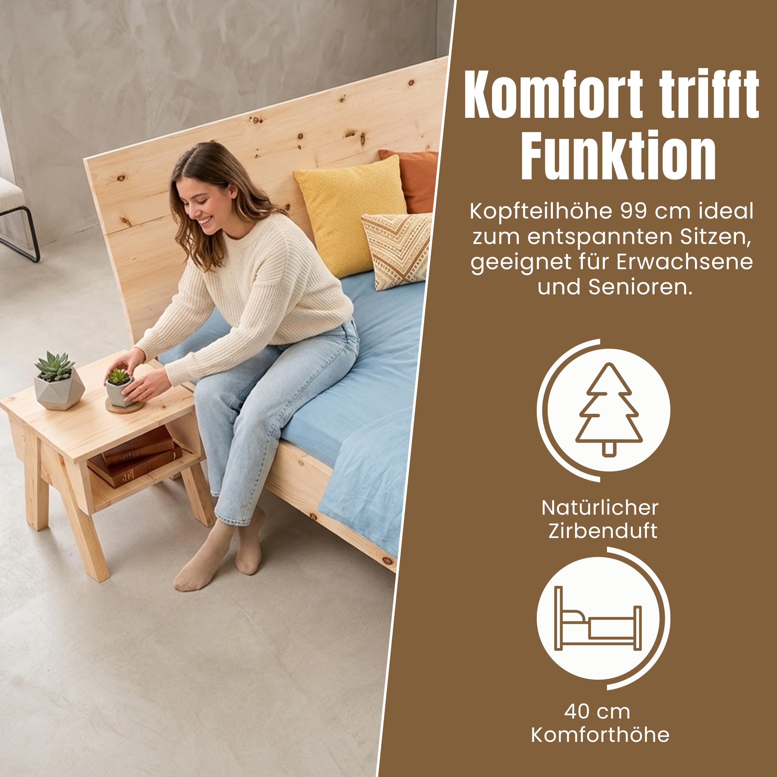 Geborgenschlafen Massivholzbett 90×200 cm aus Zirbe Natur | Unbehandelt LOVA Holzbett mit Komforthöhe 40 cm & Einlegetiefe 17 cm – Stabil und langlebig Massivholz-Bett