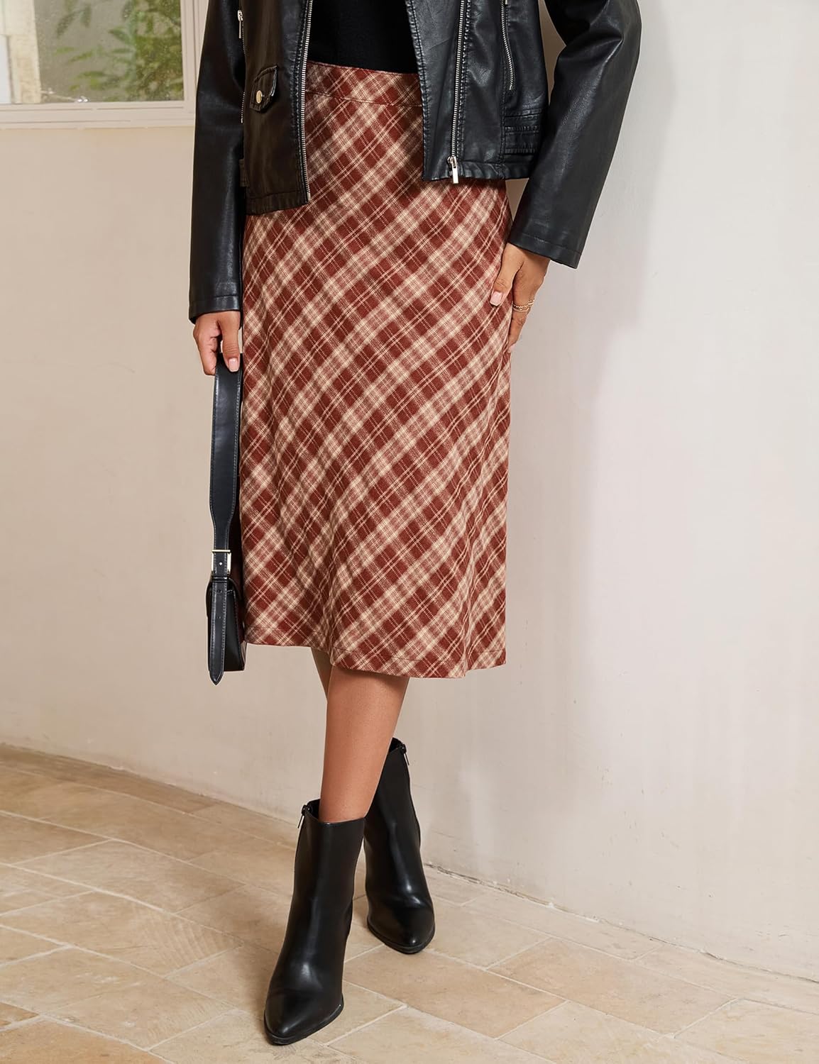 luvamia Plaid Skirts for Women Midi Length High Waisted Trendy A Line Elastic Waist Casual Office Work Fall Skirt - Image 5