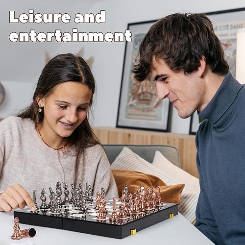 Miniatura 7 de Juego de ajedrez grande de metal egipcio para adultos con tablero de ajedrez plegable de 15 pulgadas de mármol - Piezas de ajedrez de metal con peso