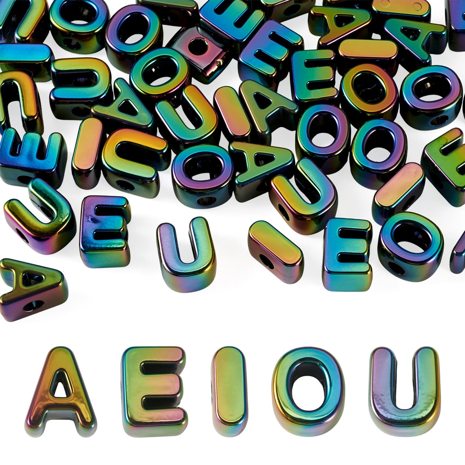 Craftora 50 Pcs Acrylic Alphabet Beads Vowel Letter Beads A/E/I/O/U Initial Capital Bead Iridescent Chunky Letter Bead for Phone Bag Charm Jewelry Making