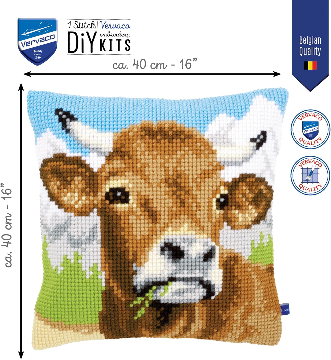 Vervaco Cross Stitch Embroidery Kits Pillow Front for Self-Embroidery with Embroidery Pattern on 100% Cotton and Embroidery Thread, 15,75 x 15,75 Inches - 40 x 40 cm, Cow