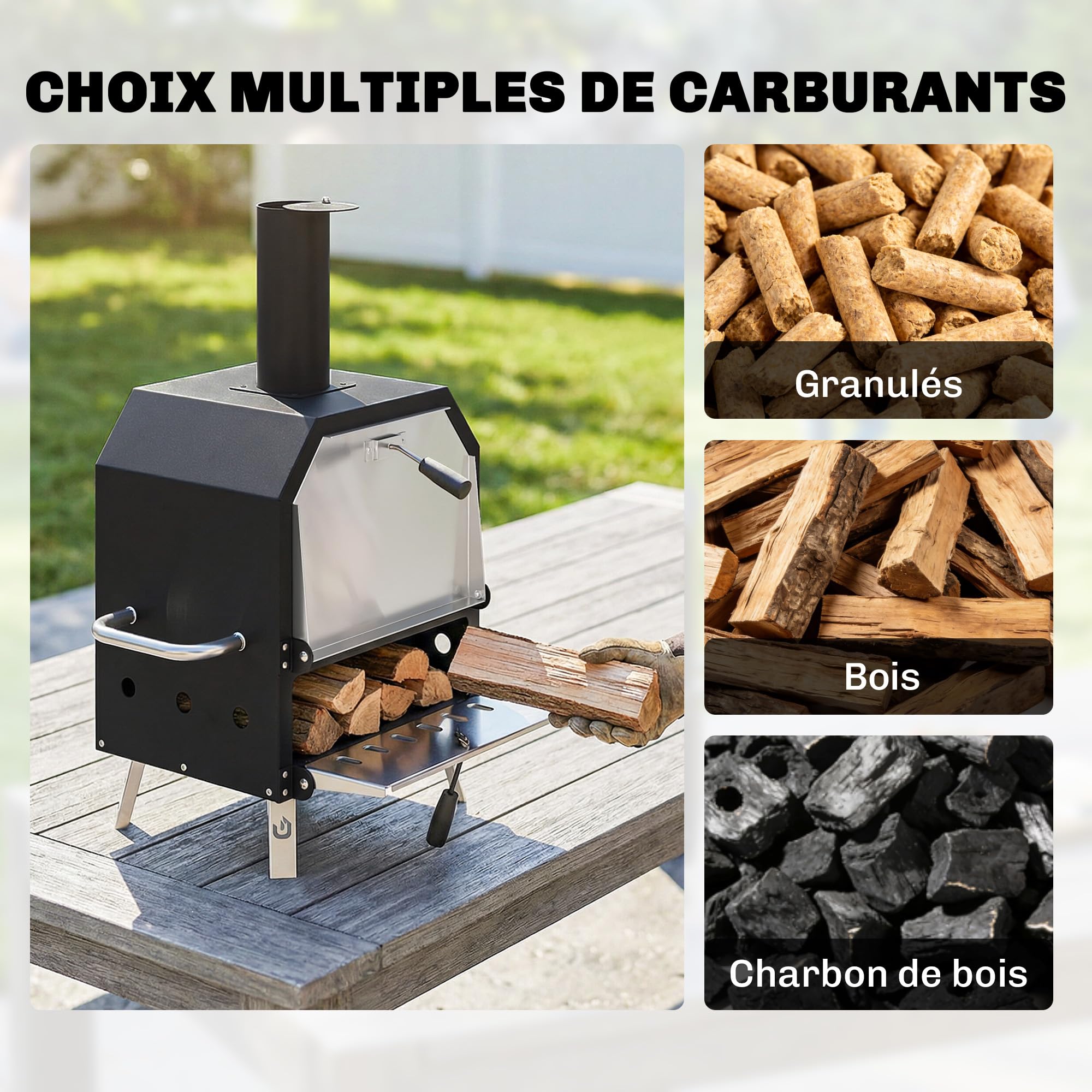 Outsunny Four à Pizza Extérieur à Bois et Charbon - Barbecue Fumoir 2 Étages avec Pierre 30 cm, Portable Pieds Pliables, Noir