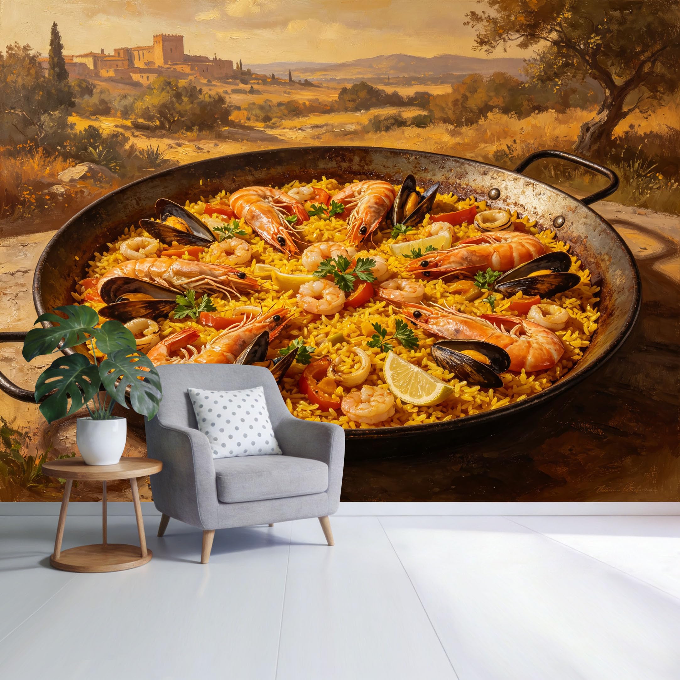 Custom Size Wall Mural Mediterranean Paella Pan Landscape Oil Painting Coastal Kitchen Art SelfAdhesive Wall Fabric Removable Wallpaper for Home Office Decor