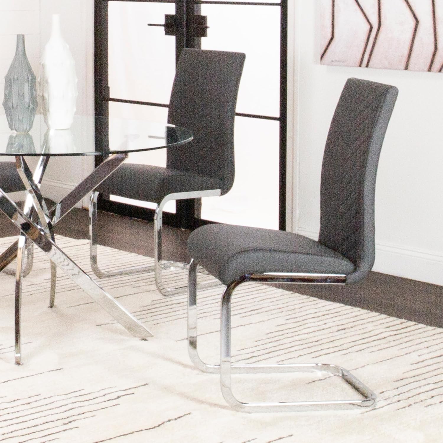 Mist Faux Leather Upholstered Dining Chairs S-Shaped Polished Chrome Cantilever Base | Charcoal Gray Padded Seats and High Backs | Set of 2 | Contemporary, Modern Kitchen Accent Sidechairs