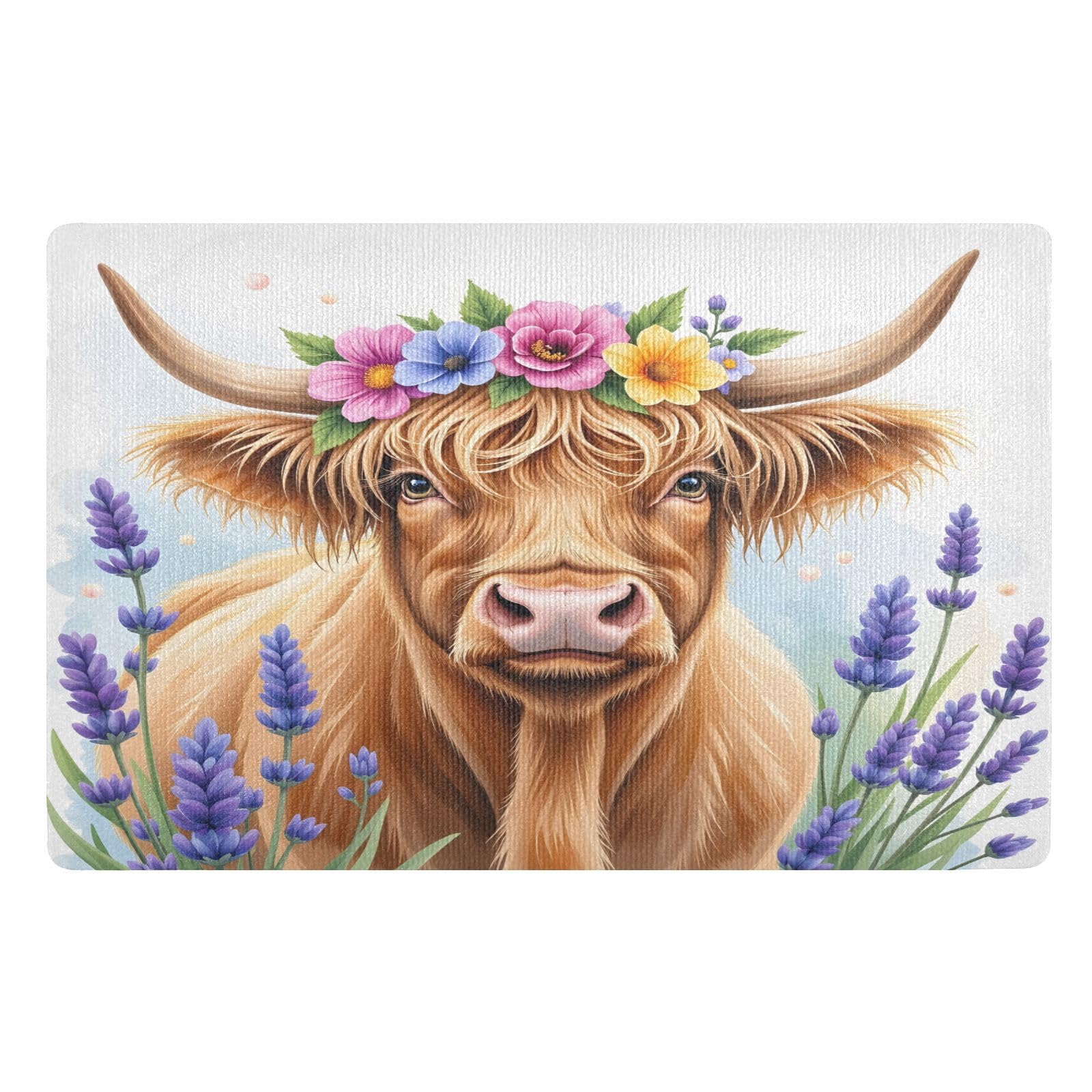 Paillasson lavable vache Highland lavande 50x80cm : tapis intérieur absorbant et robuste