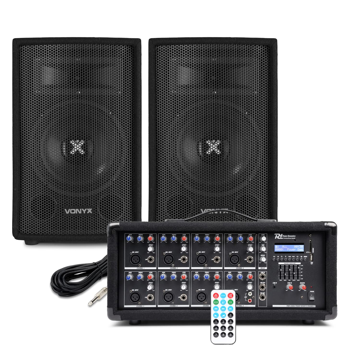 Complete 800W PA System Bundle - 2x 8" Passive Speakers, 8-Channel Powered Mixer With Bluetooth/USB, 2x 6m Cables - For Bands, Church, Gigs-510148