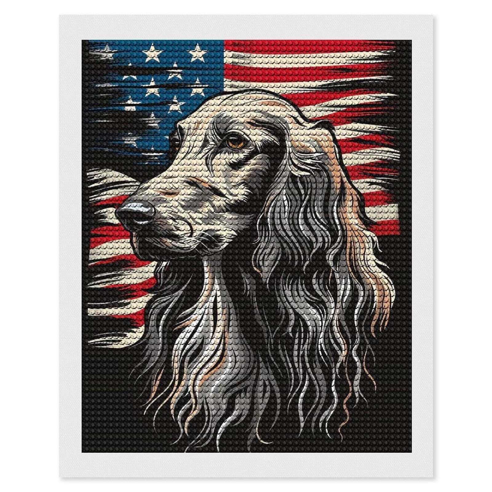 Junmoney Afghan Hound American Flag Round Drill Diamond Painting 16"x20", for Women, Relaxing DIY Hobby, Bedroom Decor, Christmas Gift, Adhesive Canvas